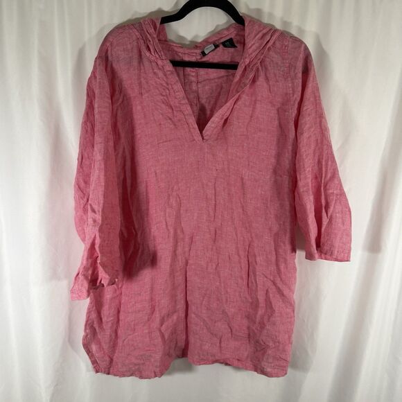 Tahari 100% Linen Hooded Women's 1X Red Lightweight Vneck 3/4 Sleeve - Picture 1 of 10